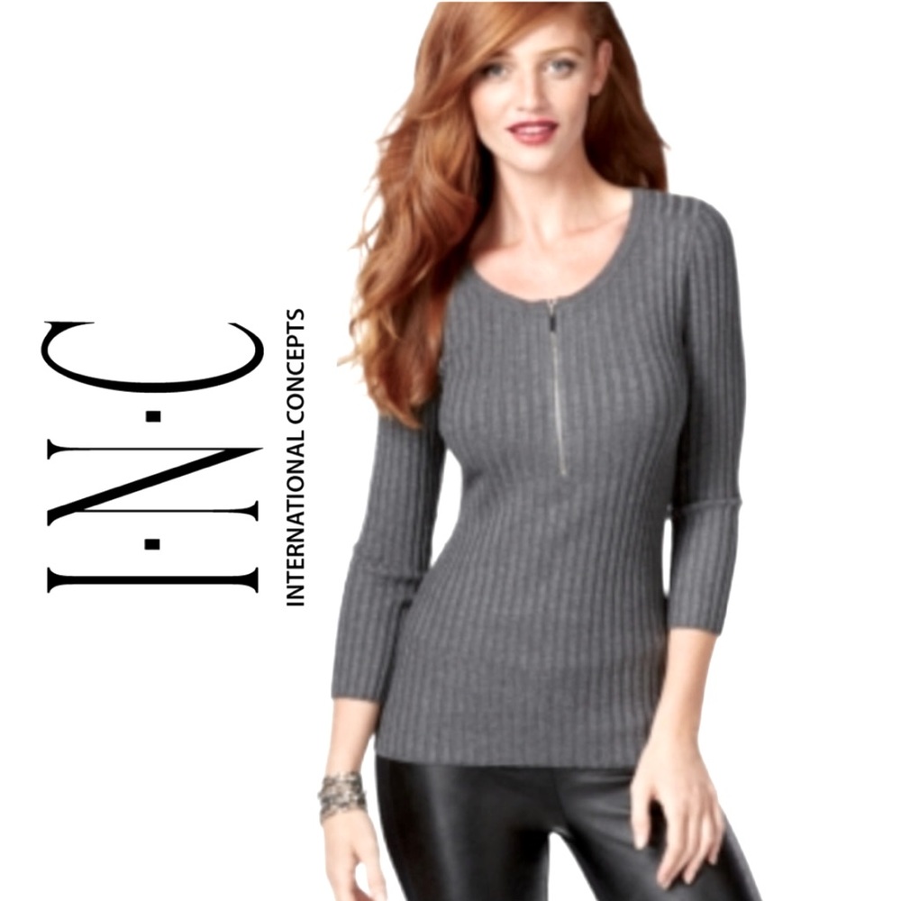 I•N•C Sz M Ribbed 3/4 Sleeve Gray Stretch Zip Front Women’s INC Sweater NWOT